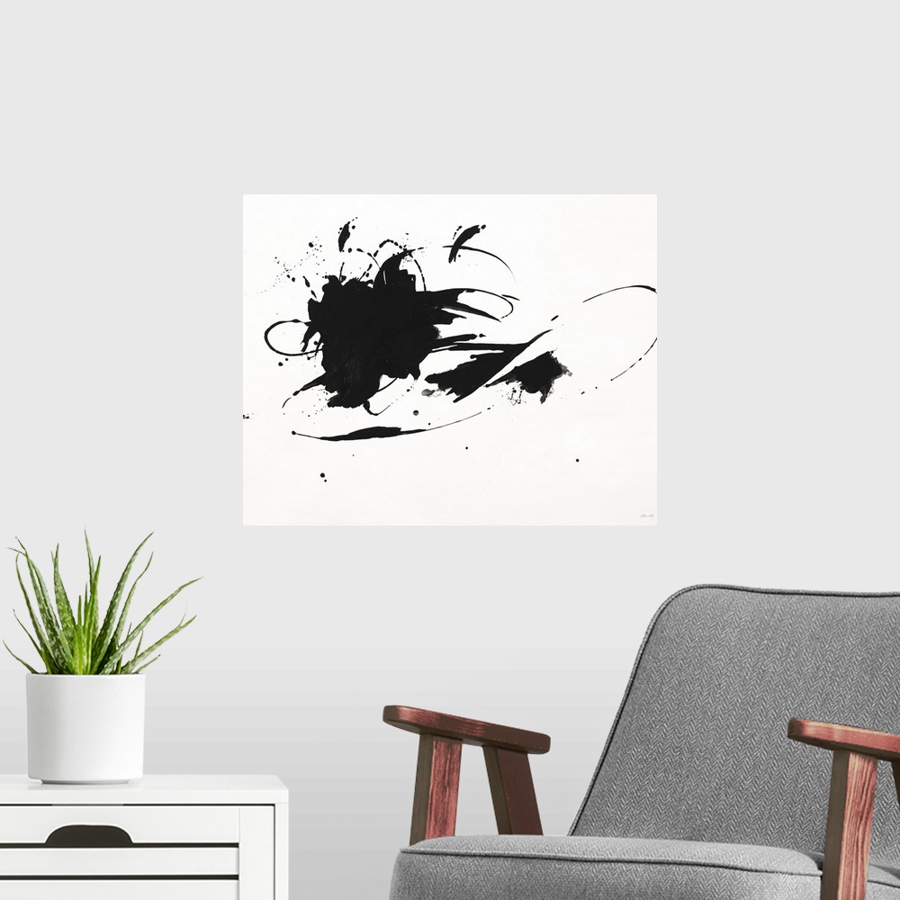 A modern room featuring Black and white minimalist painting of a hat with a large ribbon and flower.