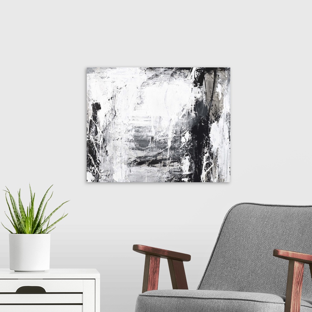 A modern room featuring Contemporary abstract painting using black and white.