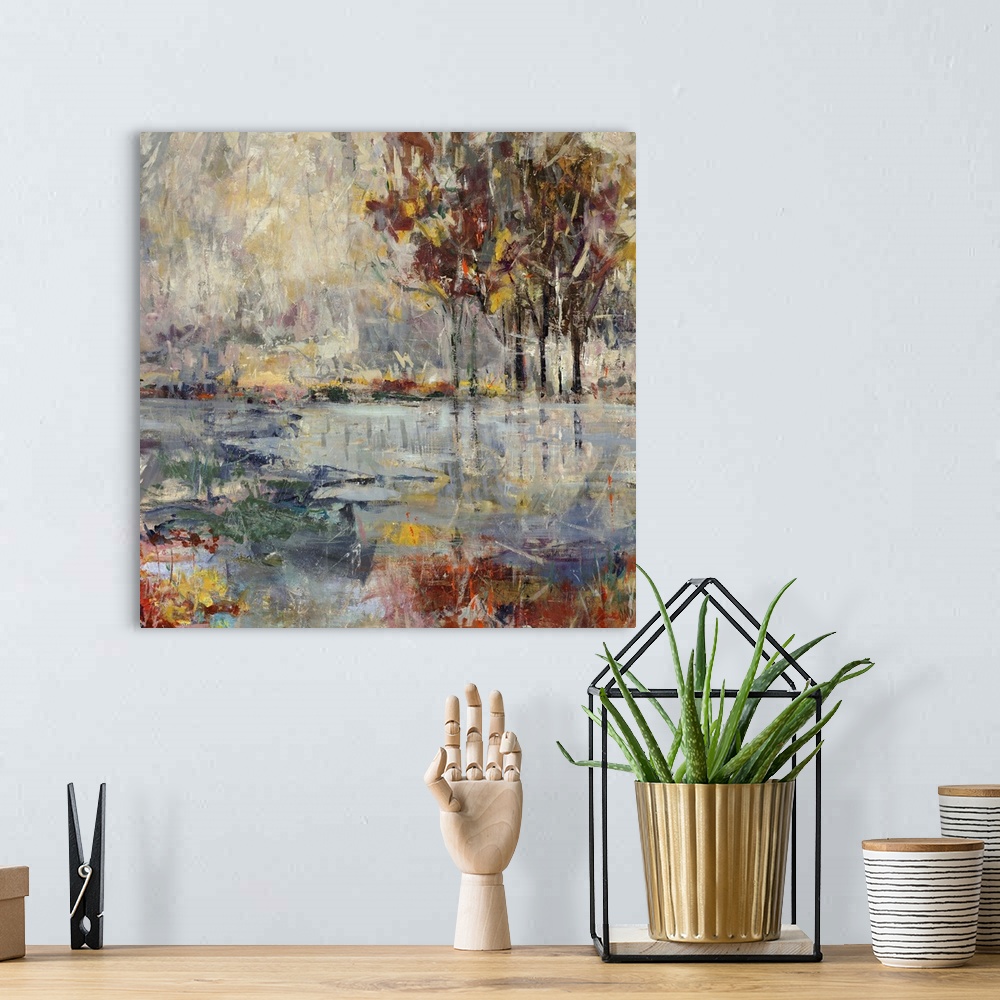 A bohemian room featuring Contemporary painting of colorful flowers in front of a large body of water, with several vibrant...