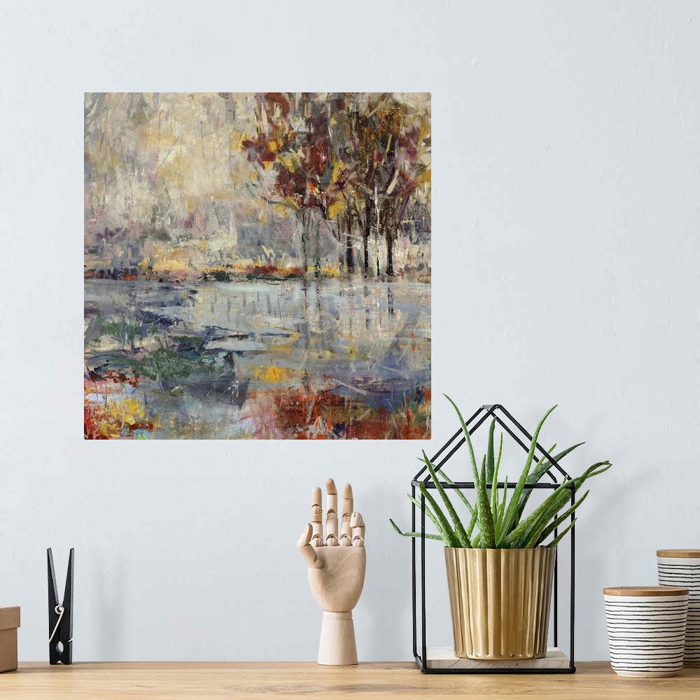 A bohemian room featuring Contemporary painting of colorful flowers in front of a large body of water, with several vibrant...
