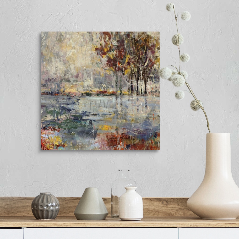 A farmhouse room featuring Contemporary painting of colorful flowers in front of a large body of water, with several vibrant...