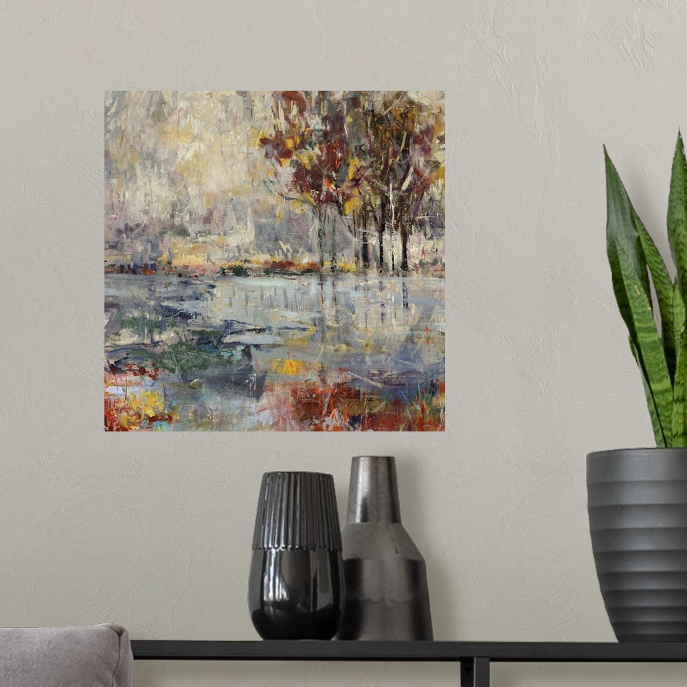 A modern room featuring Contemporary painting of colorful flowers in front of a large body of water, with several vibrant...