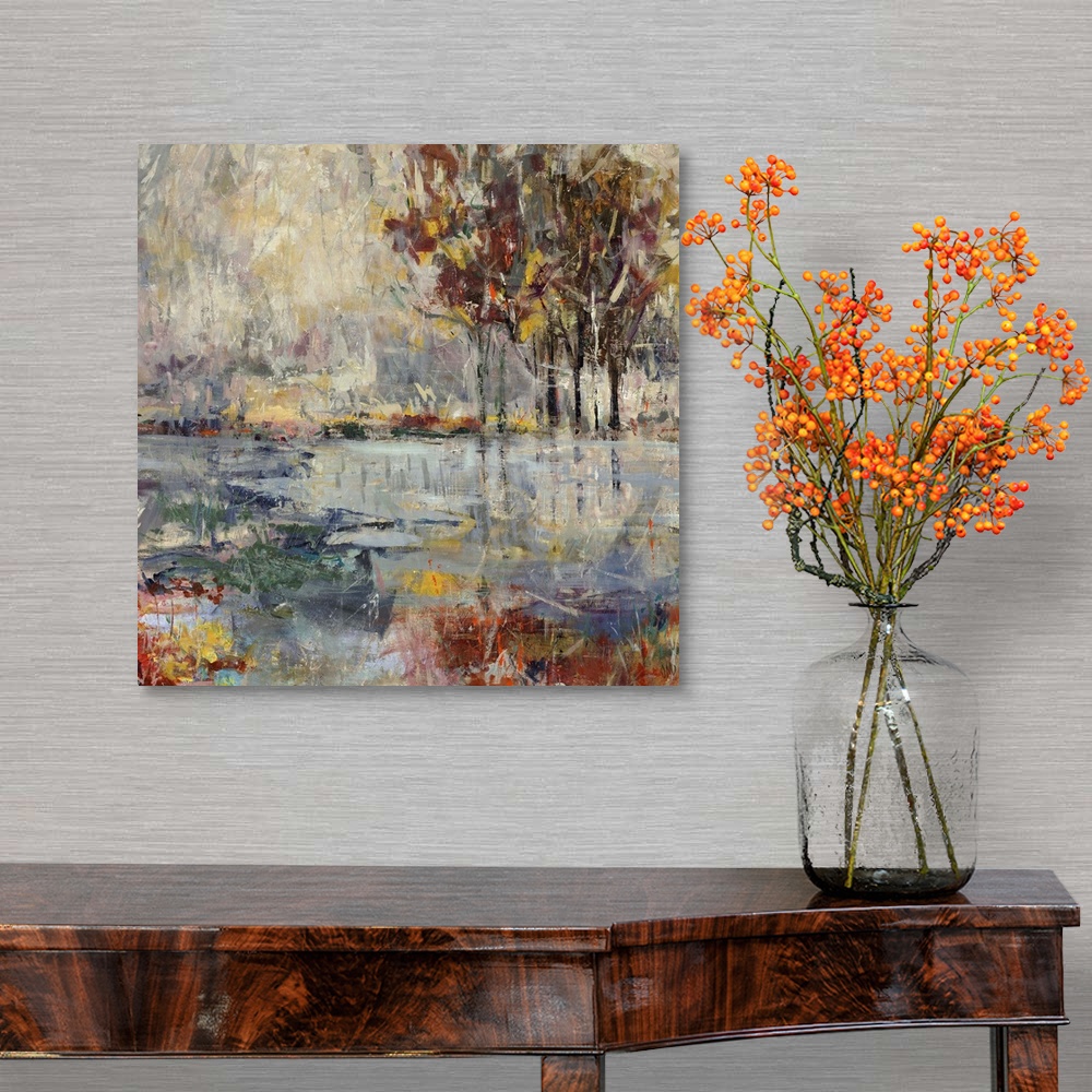 A traditional room featuring Contemporary painting of colorful flowers in front of a large body of water, with several vibrant...