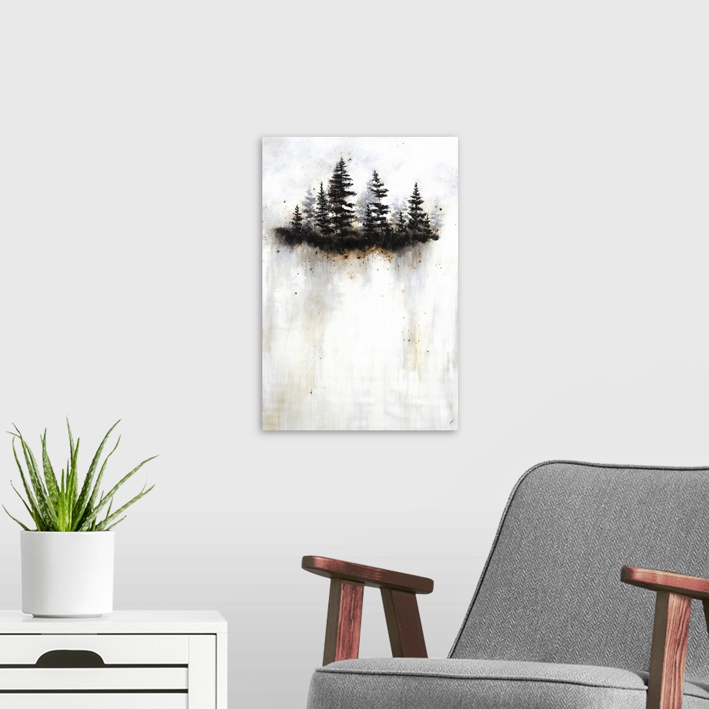A modern room featuring A vertical contemporary painting of a group of trees appearing to break through a white flog.