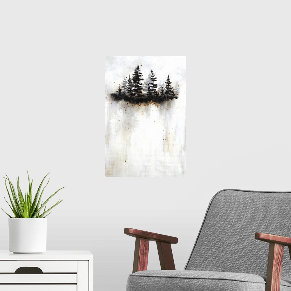 A modern room featuring A vertical contemporary painting of a group of trees appearing to break through a white flog.