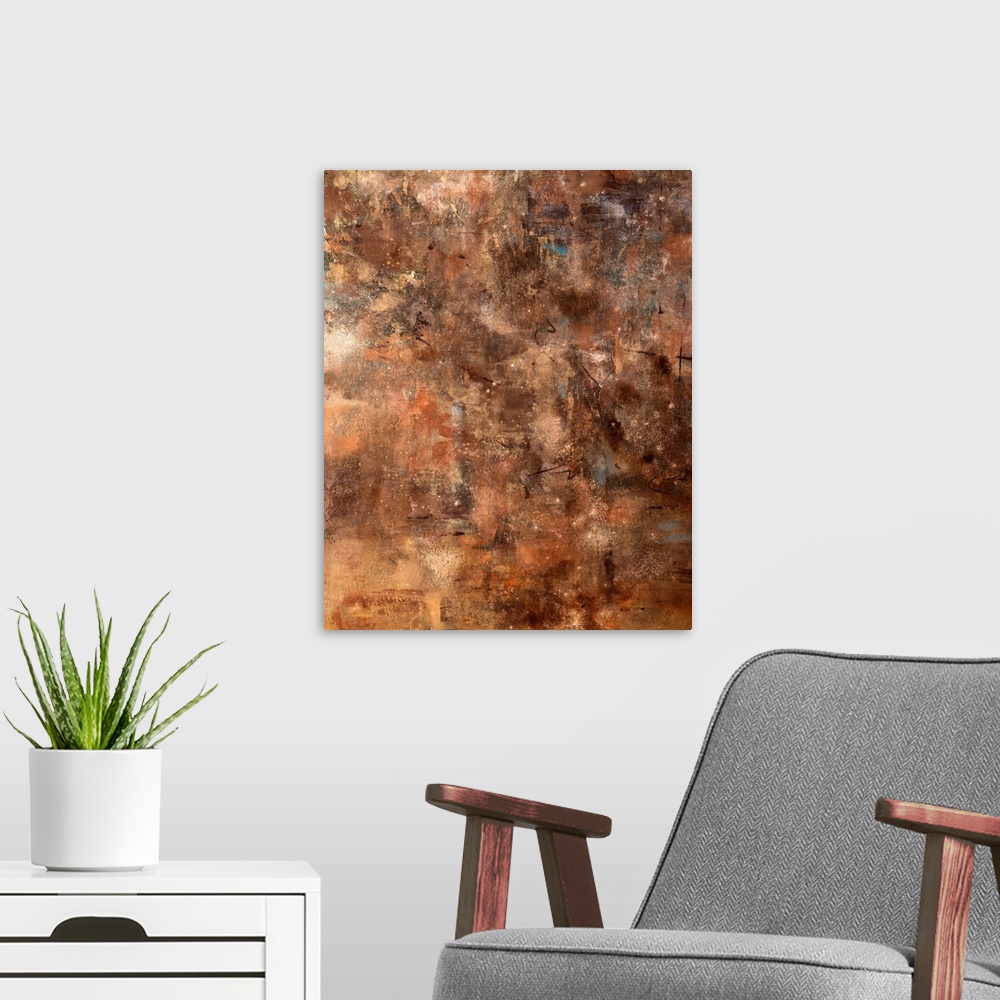 A modern room featuring Vertical, large abstract painting in varying earth tones that are randomly brushed together, with...