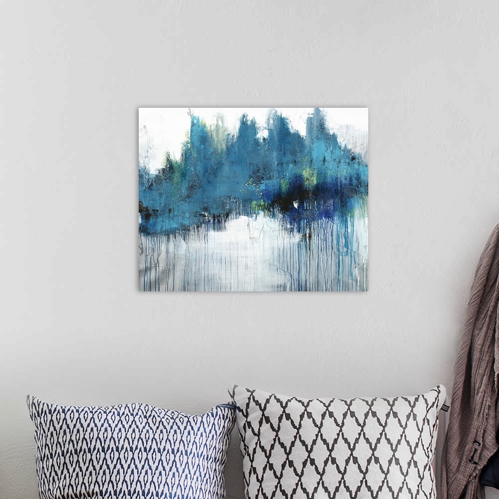 A bohemian room featuring Large abstract artwork with what looks like a large blue and green cloud with rain coming out of ...