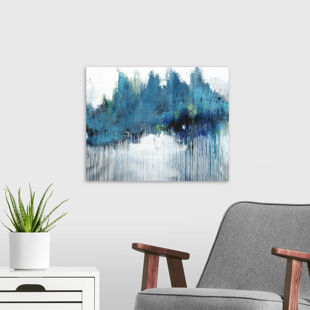 A modern room featuring Large abstract artwork with what looks like a large blue and green cloud with rain coming out of ...