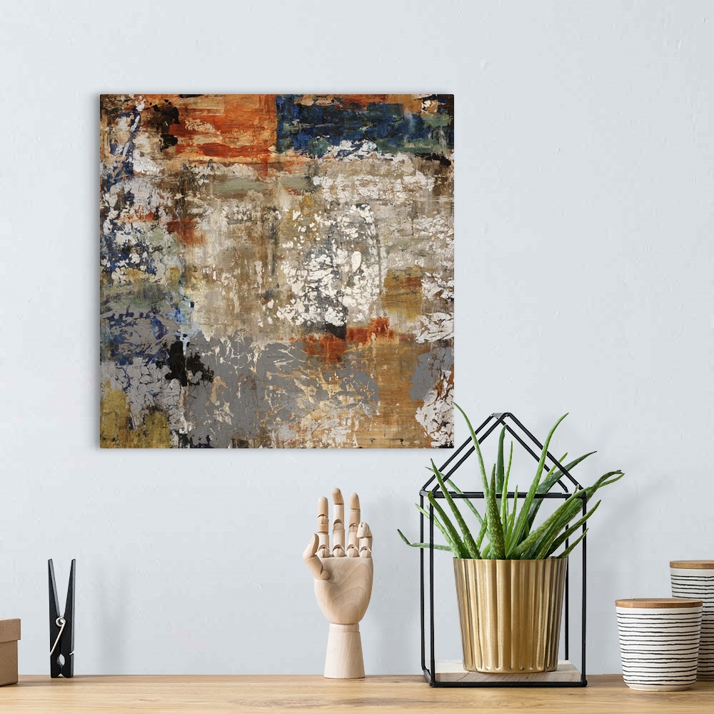A bohemian room featuring Abstract painting of layered patches of earth tones, covered in various sponge textures of lighte...