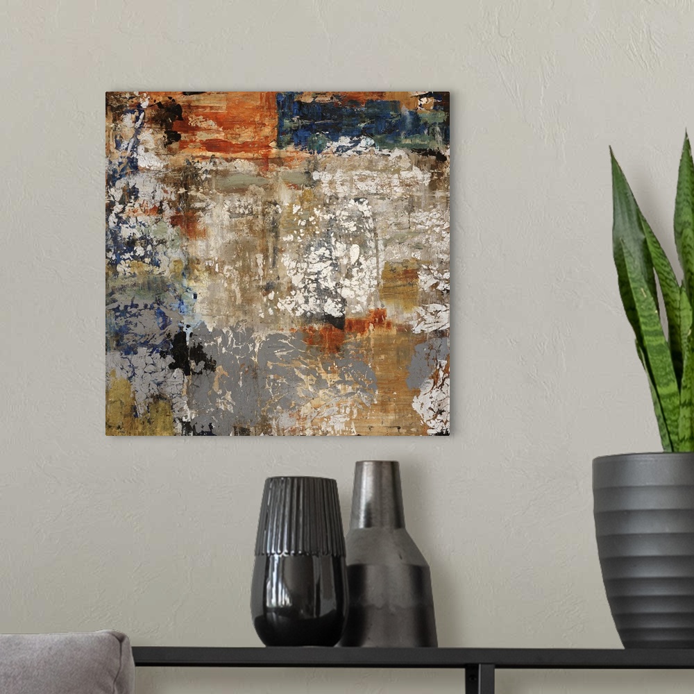 A modern room featuring Abstract painting of layered patches of earth tones, covered in various sponge textures of lighte...