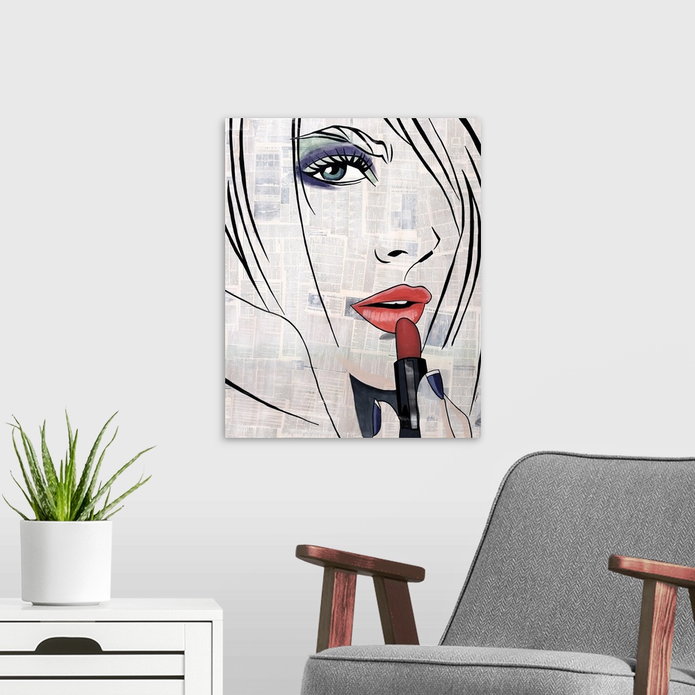 A modern room featuring Illustration of a woman applying lipstick, painted on a background made with newspaper cutouts an...