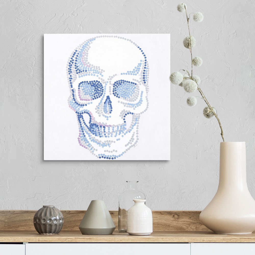 A farmhouse room featuring Contemporary painting of a human skull made of small dots in blue, gray and pink.