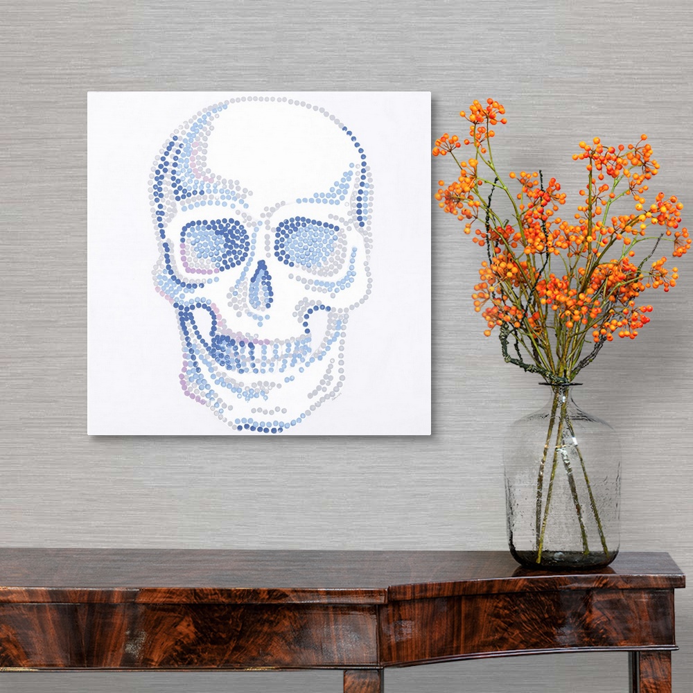 A traditional room featuring Contemporary painting of a human skull made of small dots in blue, gray and pink.