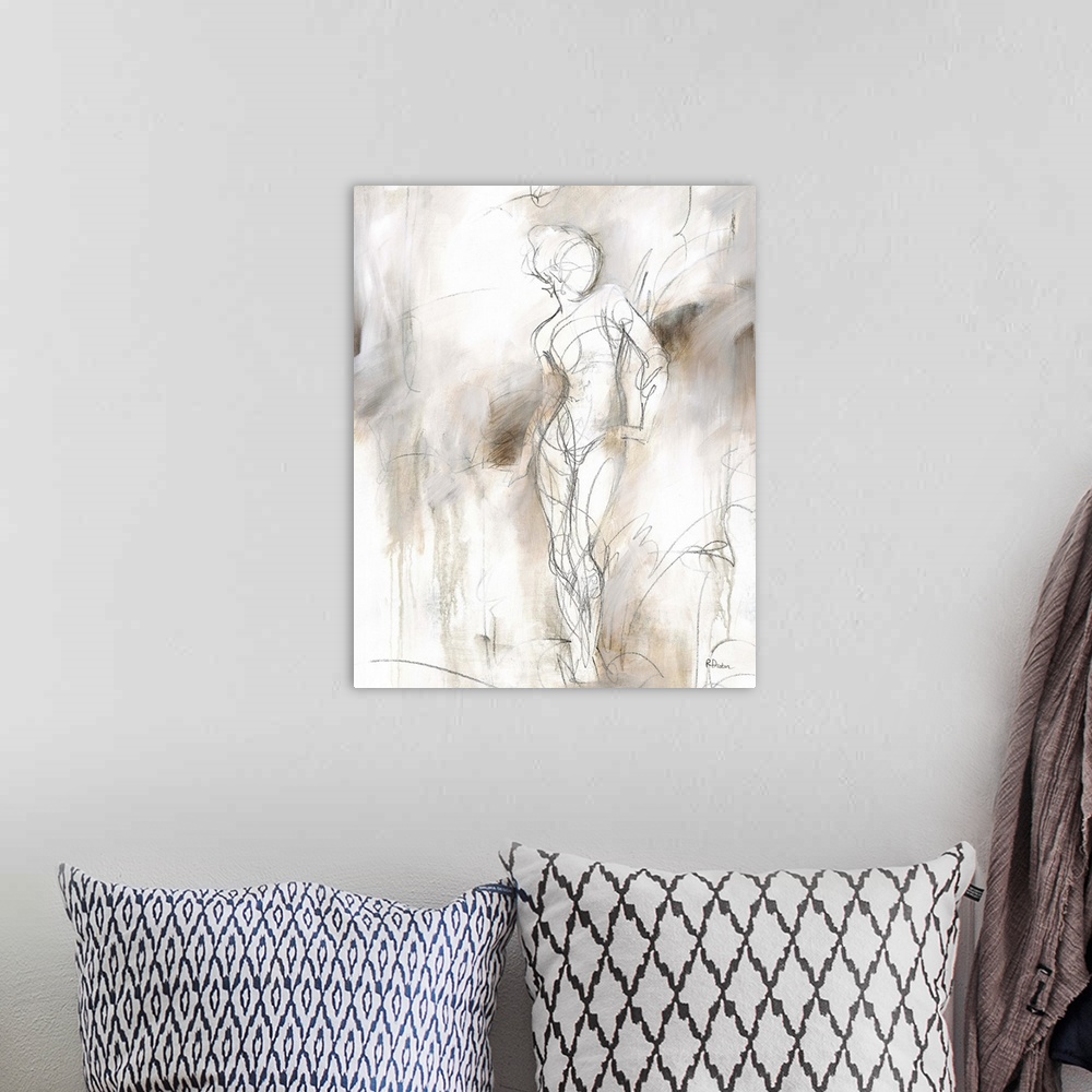 A bohemian room featuring Contemporary abstract painting using neutral tones surrounding a sketch lined female form.
