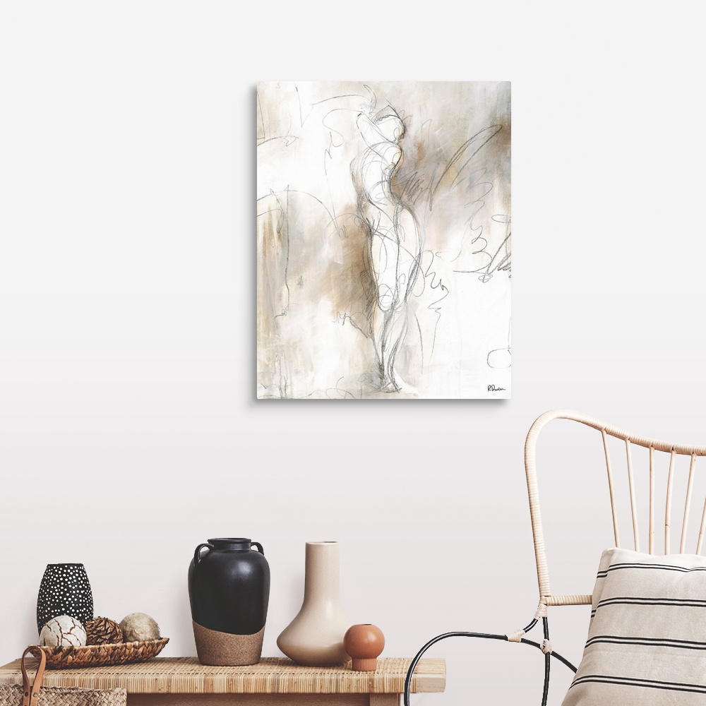 A farmhouse room featuring Contemporary abstract painting using neutral tones surrounding a sketch lined female form.