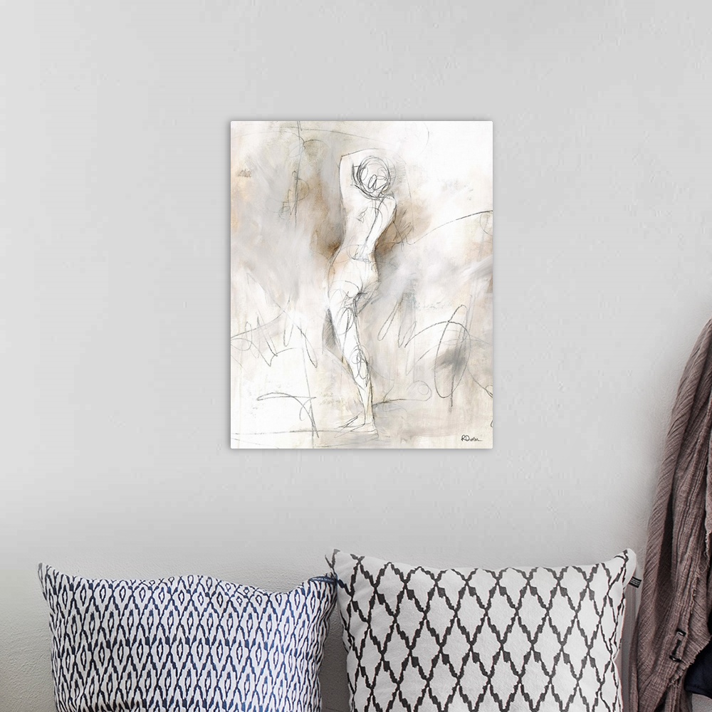 A bohemian room featuring Contemporary abstract painting using neutral tones surrounding a sketch lined female form.