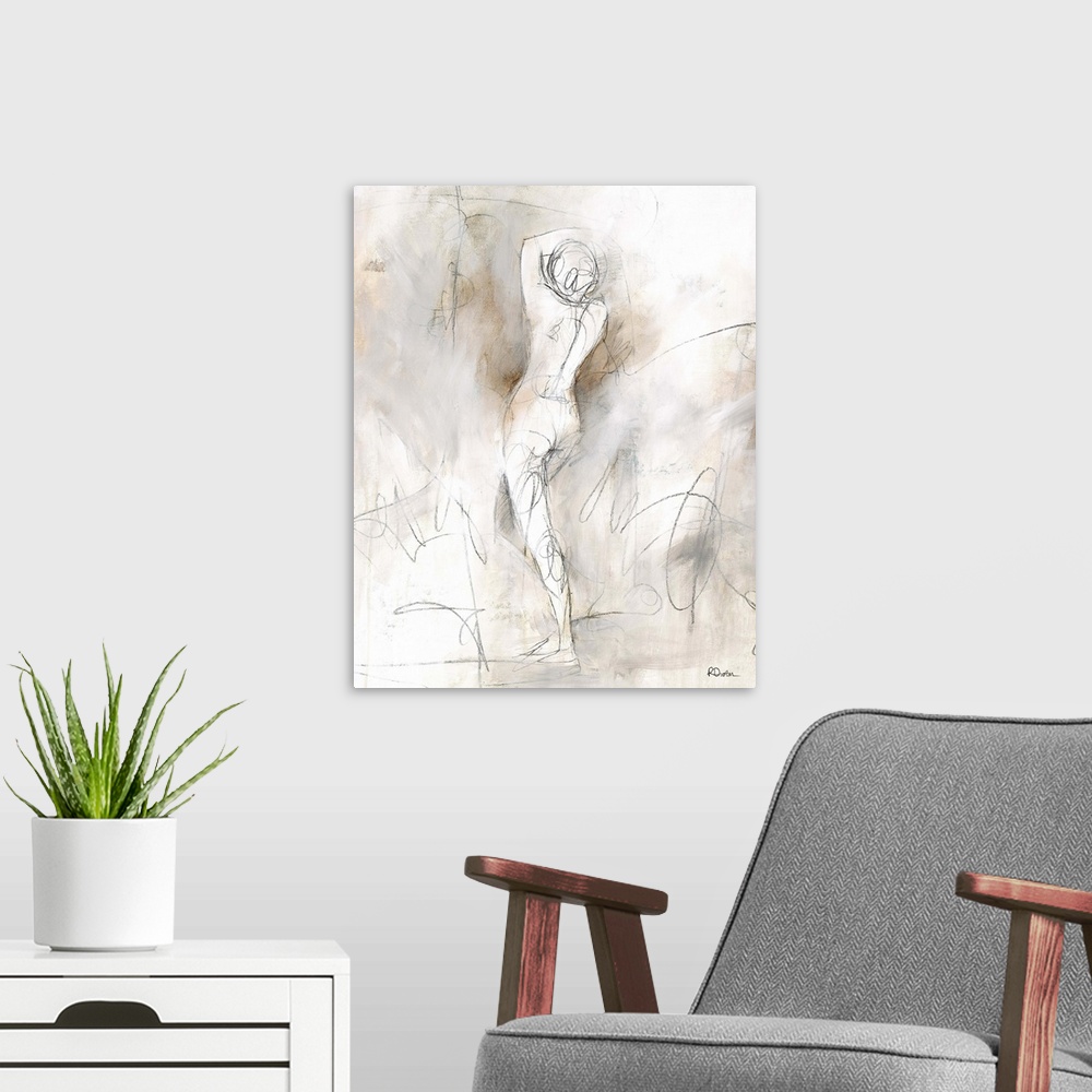 A modern room featuring Contemporary abstract painting using neutral tones surrounding a sketch lined female form.