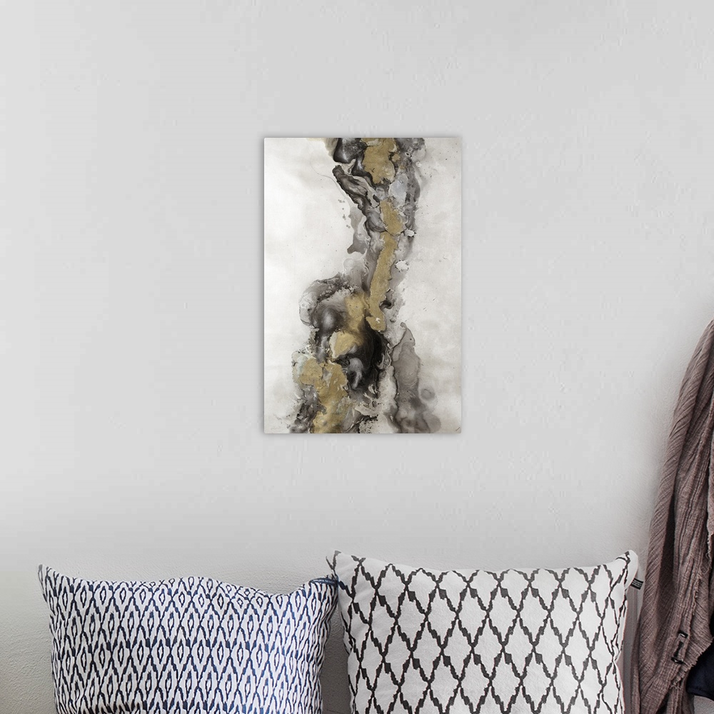 A bohemian room featuring Abstract painting of textured brush strokes with gold accents.