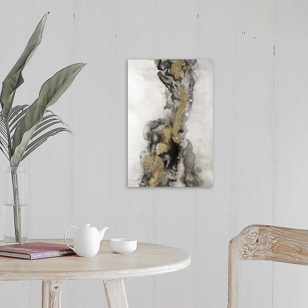 A farmhouse room featuring Abstract painting of textured brush strokes with gold accents.