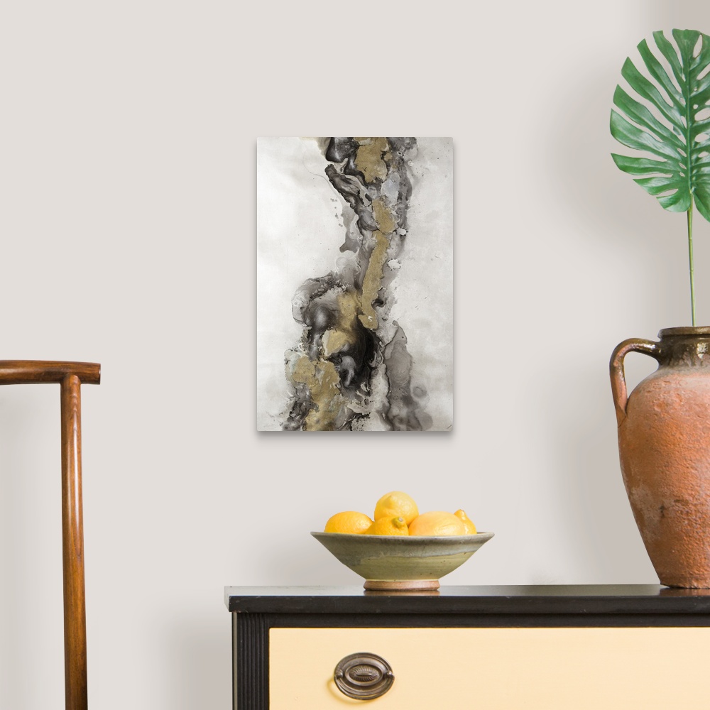 A traditional room featuring Abstract painting of textured brush strokes with gold accents.