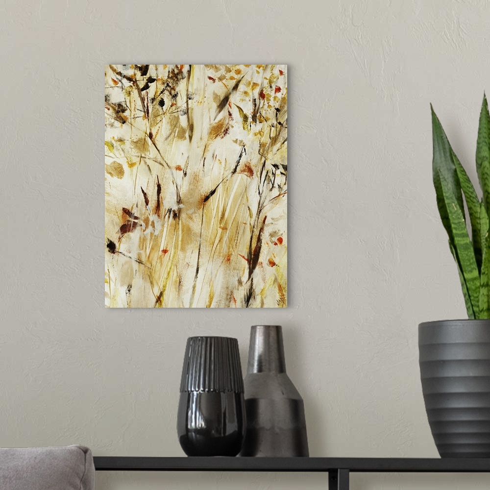 A modern room featuring Contemporary painting of warm, golden flowers and leaves on long branches that extend vertically ...