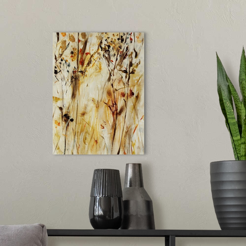 A modern room featuring Contemporary painting of warm, golden flowers and leaves on long branches that extend vertically ...