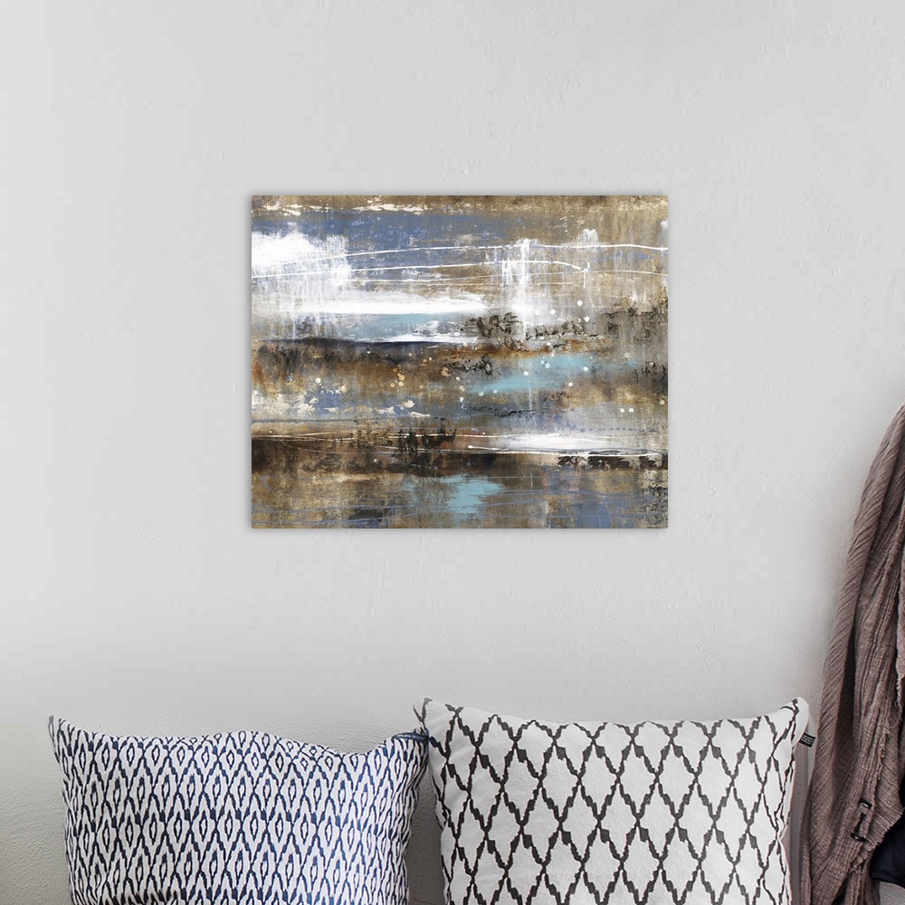A bohemian room featuring Contemporary abstract painting with horizontal movement of color in shades of gold, blue, brown, ...