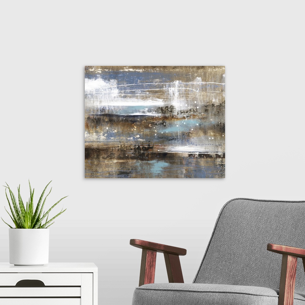 A modern room featuring Contemporary abstract painting with horizontal movement of color in shades of gold, blue, brown, ...