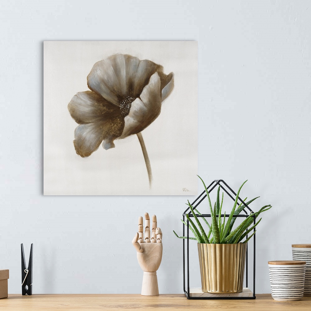 A bohemian room featuring A contemporary painting of a brown toned flower against a solid neutral background.