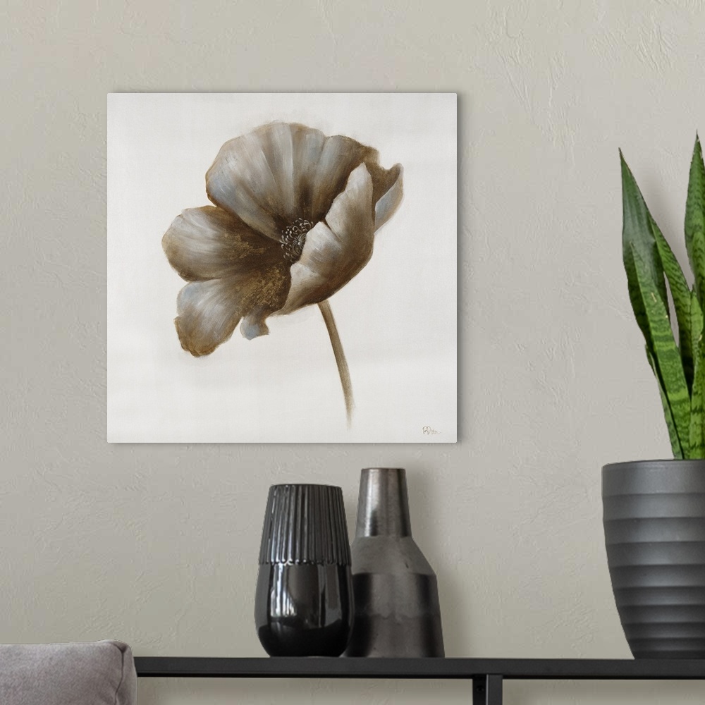 A modern room featuring A contemporary painting of a brown toned flower against a solid neutral background.