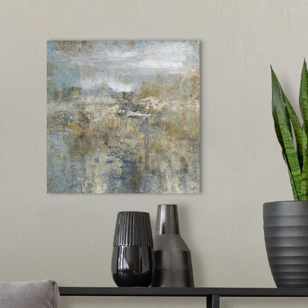 A modern room featuring Contemporary abstract painting in neutral earth tones.