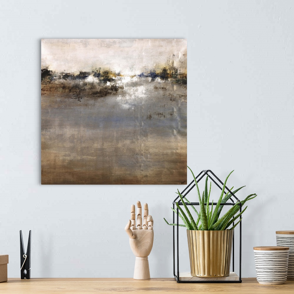 A bohemian room featuring Contemporary abstract painting using mostly earth tones, almost creating a landscape.