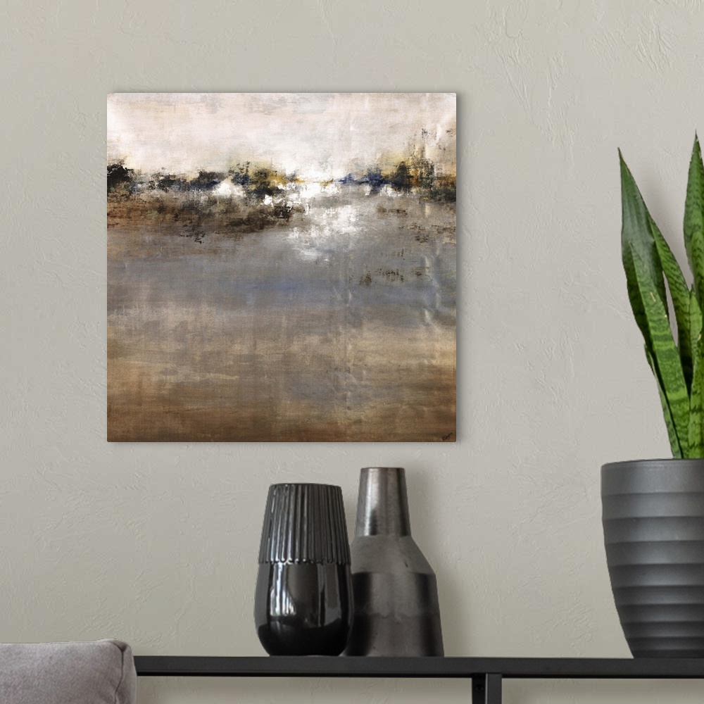 A modern room featuring Contemporary abstract painting using mostly earth tones, almost creating a landscape.
