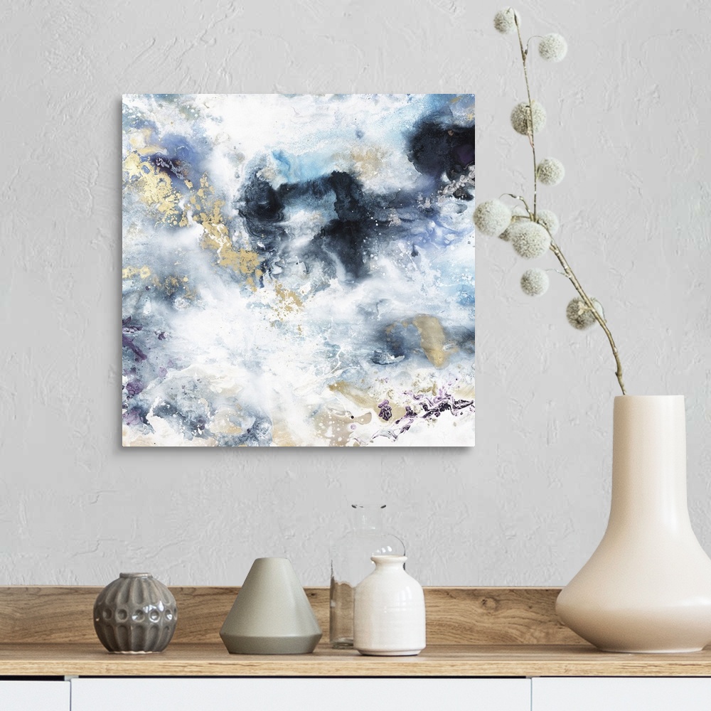 A farmhouse room featuring Abstract contemporary painting in blue and gold tones, resembling a stormy sky.