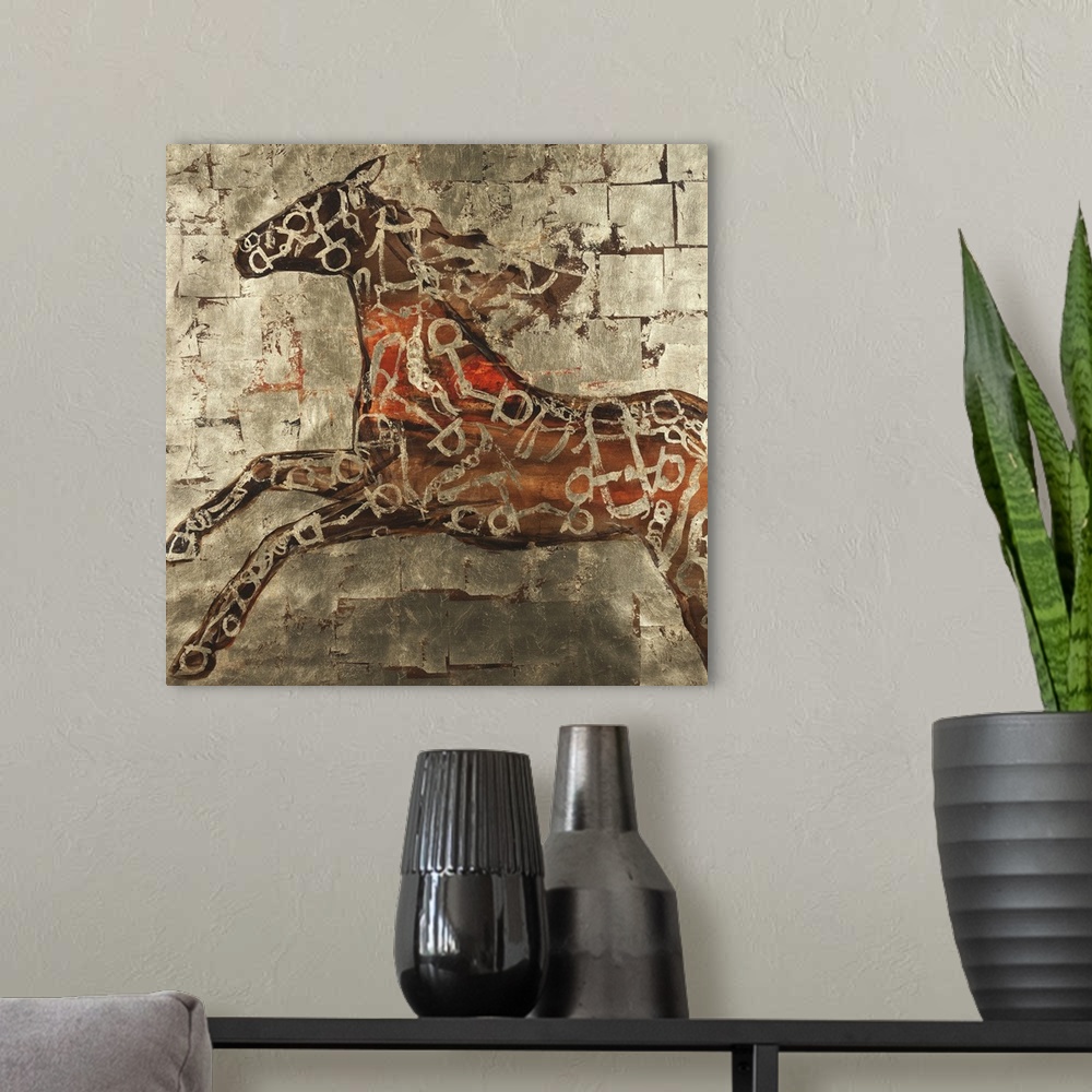 A modern room featuring Contemporary painting of horse figure in a red and golden pattern against a gold block background.