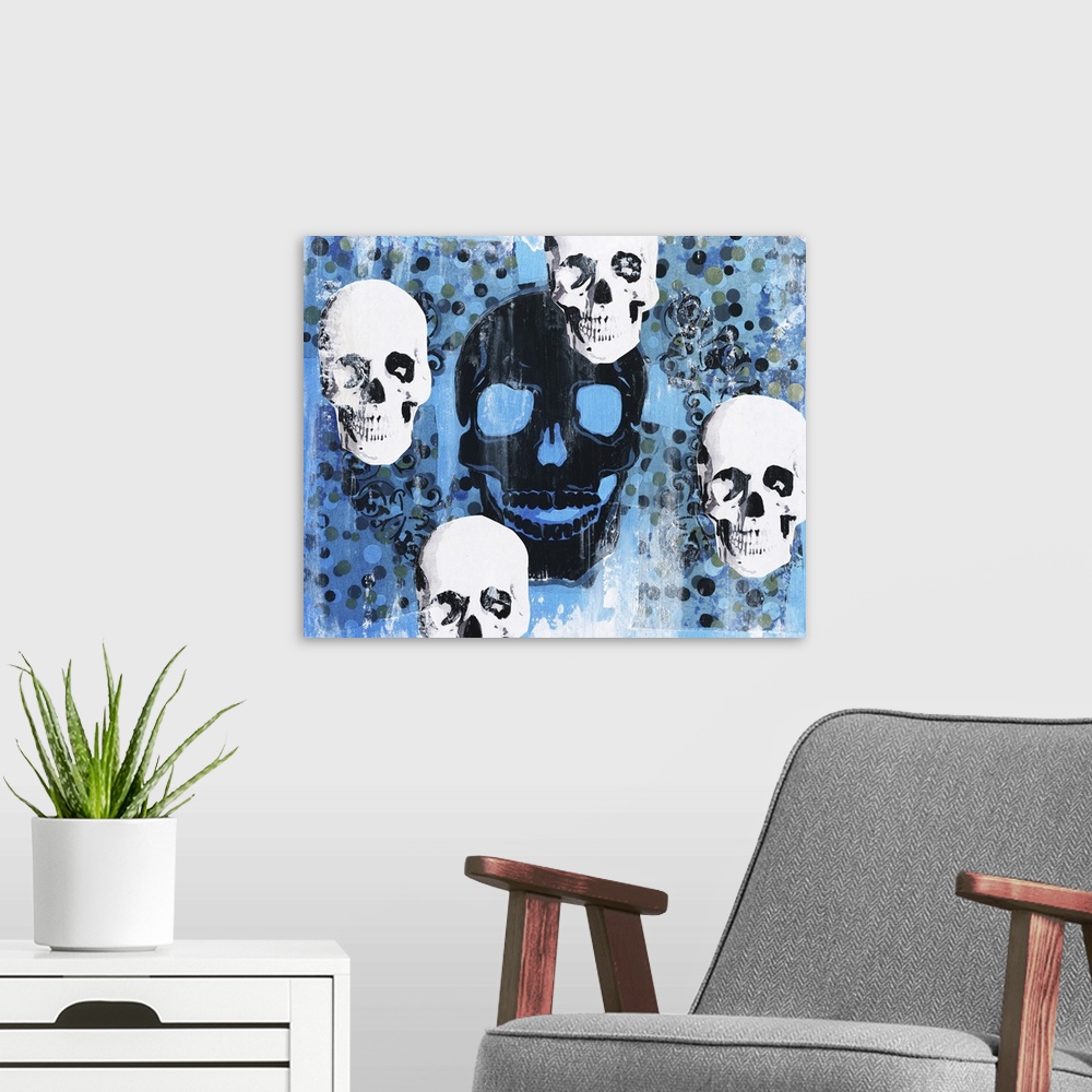 A modern room featuring Contemporary artwork with four white skulls circling one large black skull in the center with a b...