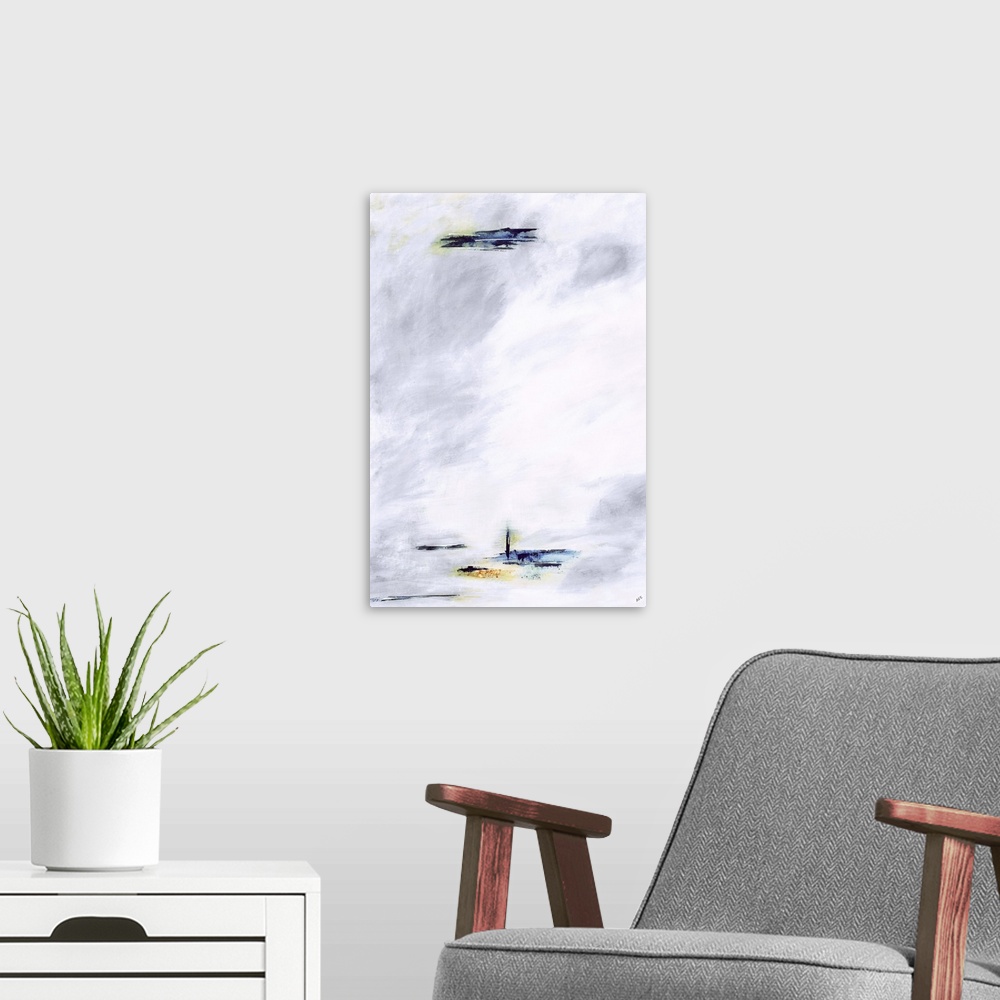 A modern room featuring Minimalist abstract painting with a gray and white background and small brushstrokes at the top a...