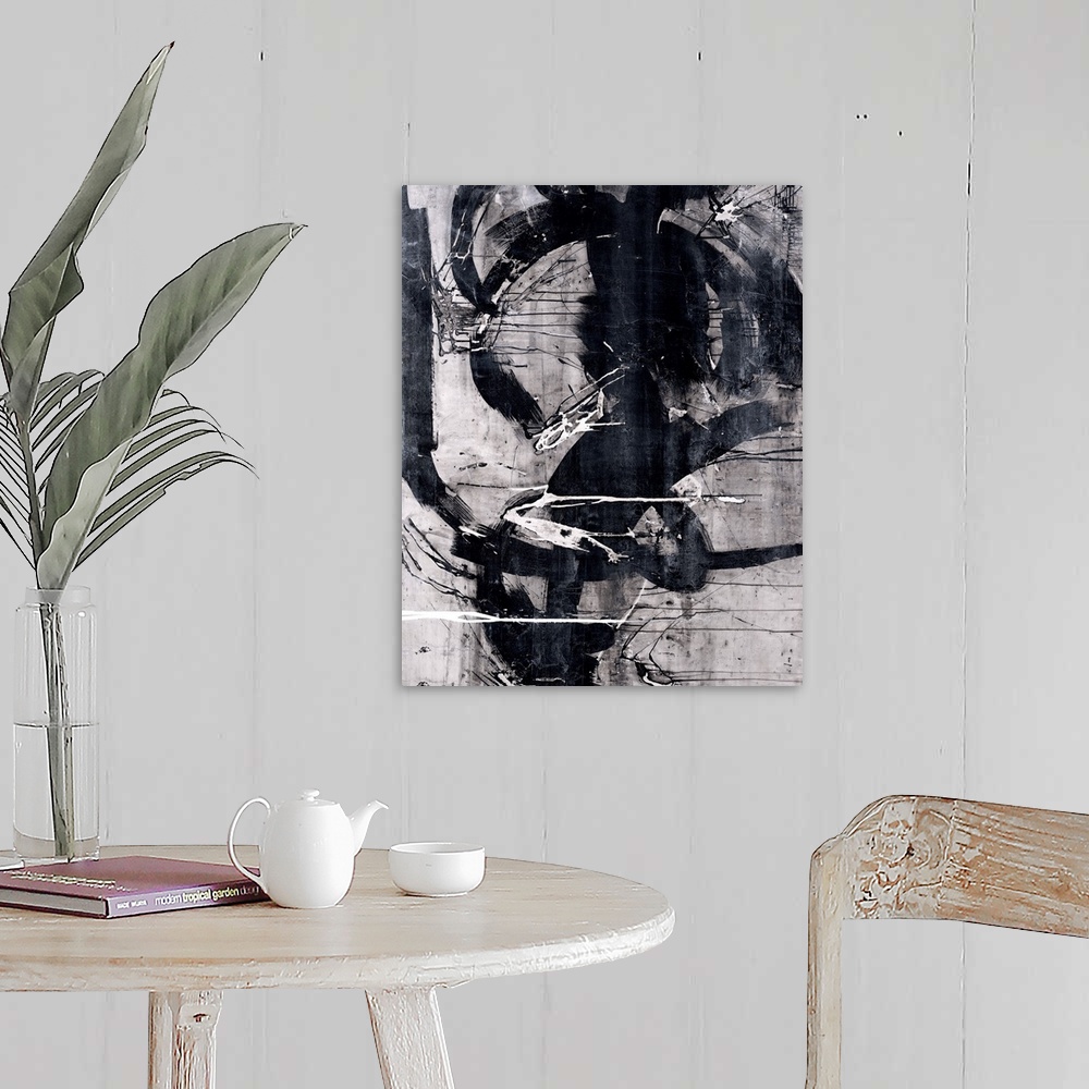A farmhouse room featuring Abstract painting that has black, white, and gray hues with thick, bold, black curvy lines domina...