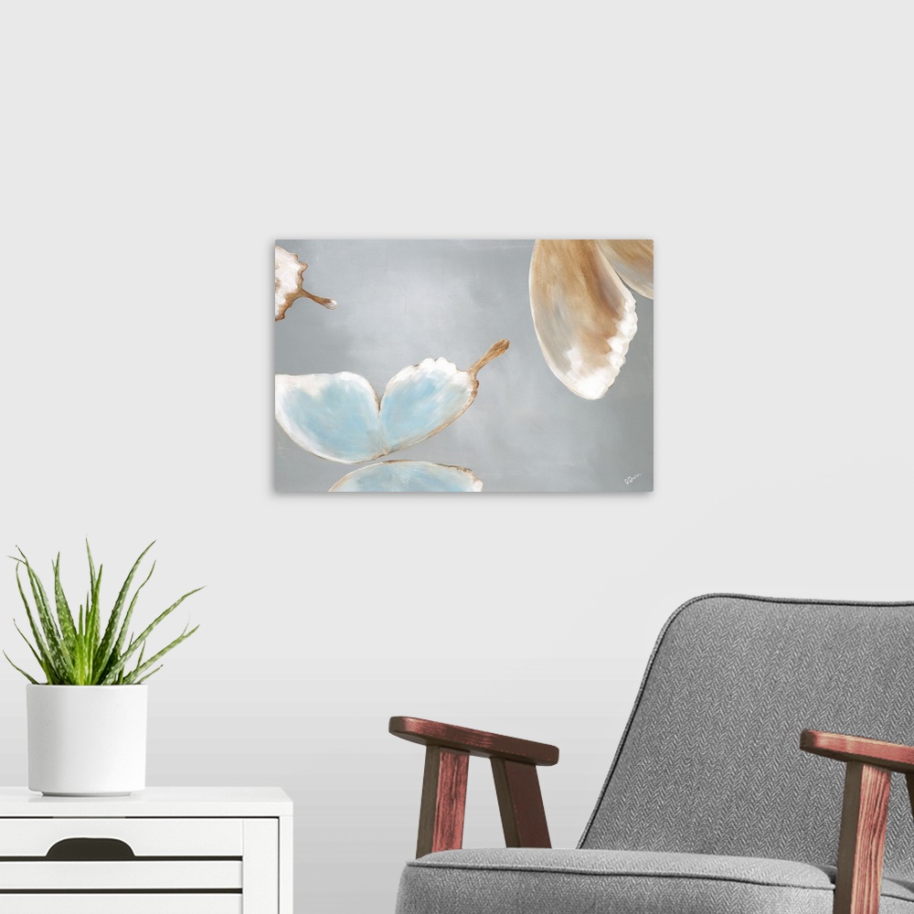 A modern room featuring Contemporary abstract painting of pale colored butterflies against a gray background.