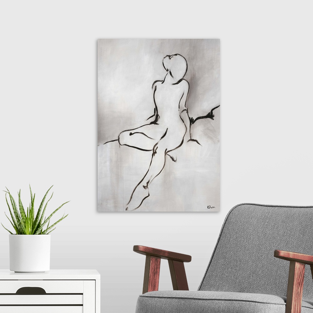 A modern room featuring Figurative art in neutral tones of the outline of a woman sitting on a soft surface with one leg ...