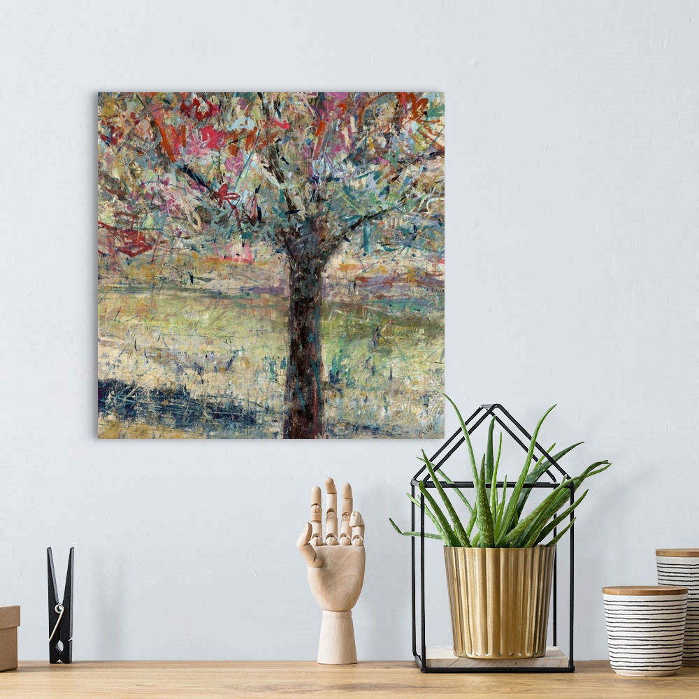 A bohemian room featuring Contemporary painting of a single tree with vibrant leaves and branches in various colors, painte...