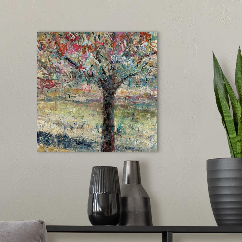 A modern room featuring Contemporary painting of a single tree with vibrant leaves and branches in various colors, painte...