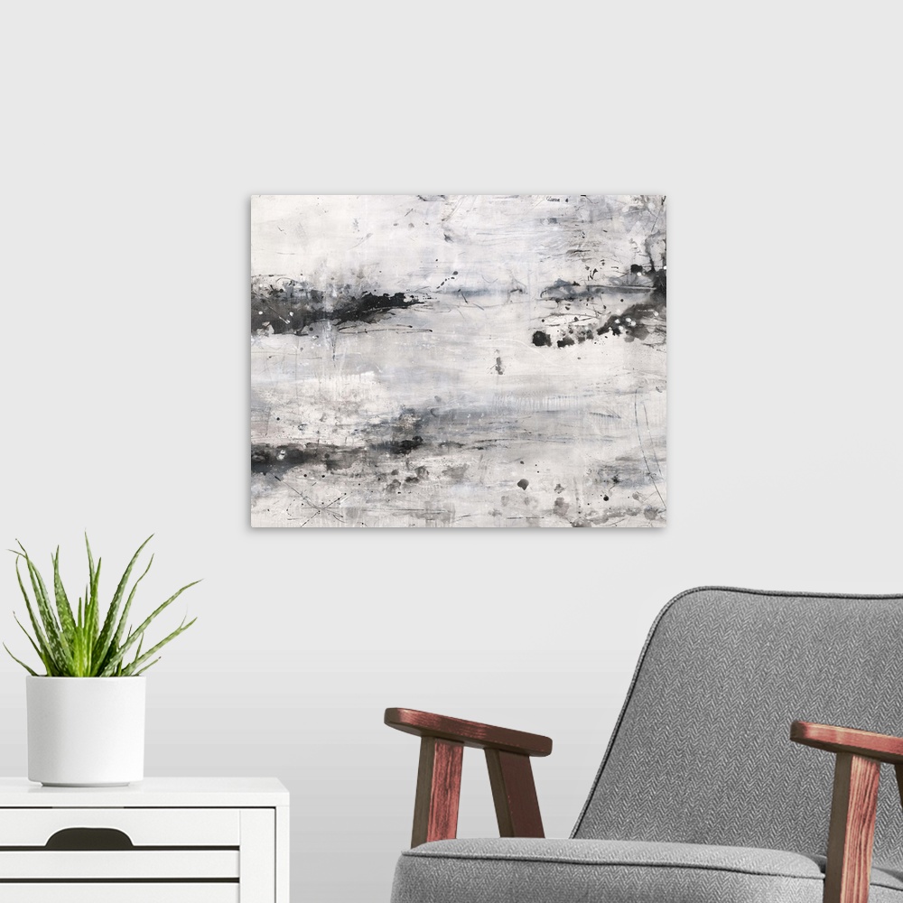 A modern room featuring Contemporary abstract painting using gray tones.