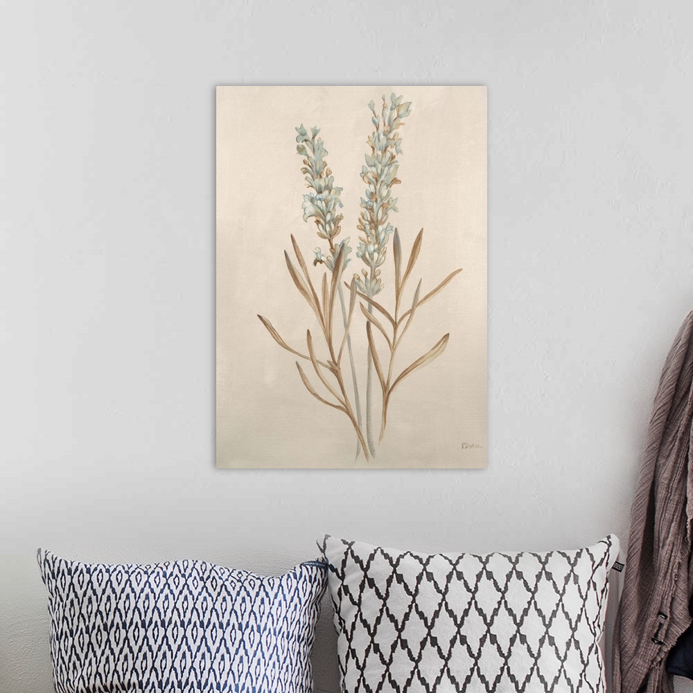 A bohemian room featuring Contemporary painting of a flower against a beige background.