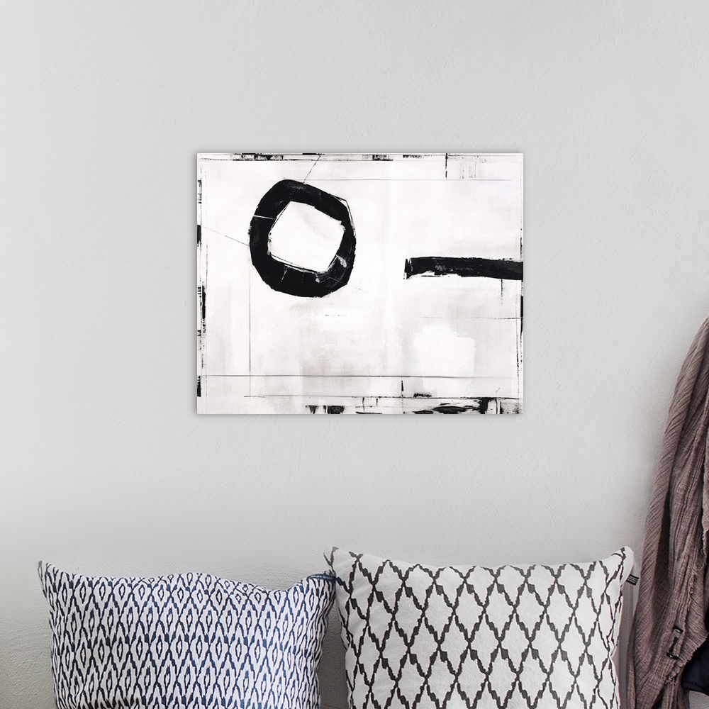 A bohemian room featuring Contemporary abstract painting using black and white.