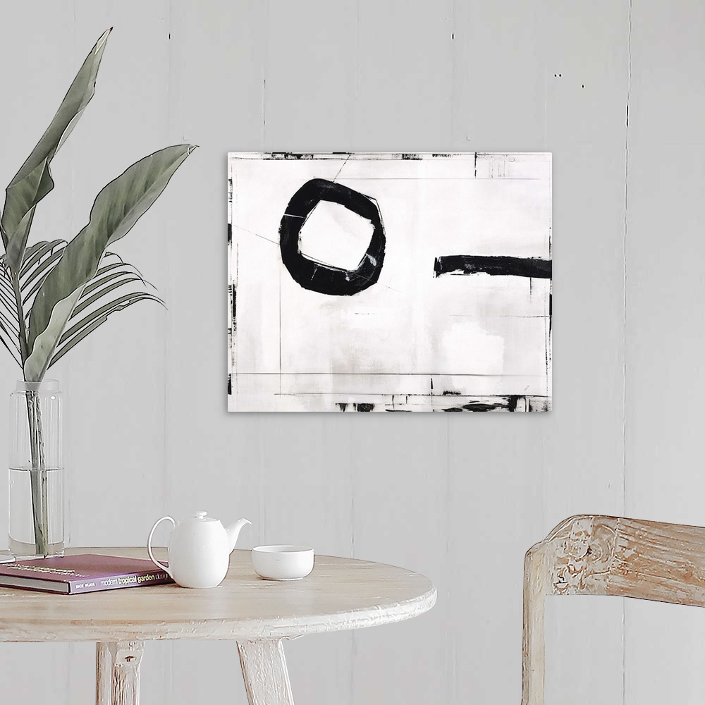 A farmhouse room featuring Contemporary abstract painting using black and white.
