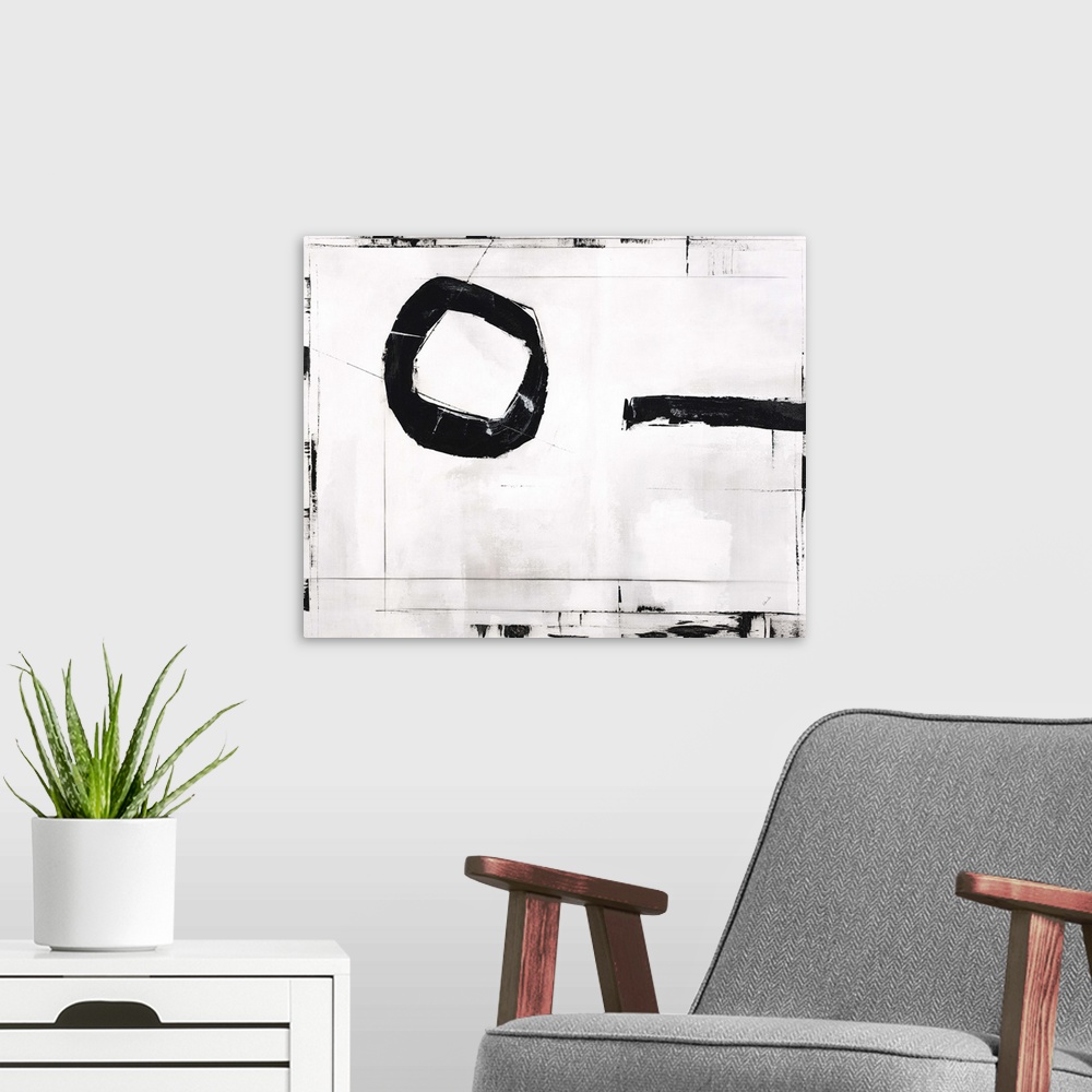 A modern room featuring Contemporary abstract painting using black and white.
