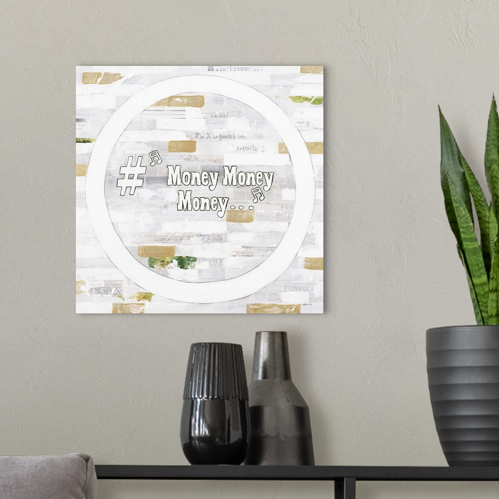 A modern room featuring "Money Money Money" written inside a white circle on a gray, white, and gold background with pops...
