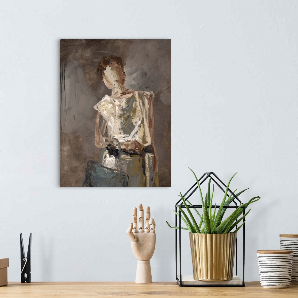 A bohemian room featuring Figurative art of a human form holding two bags, painted with thick, harsh brushstrokes, on a dar...