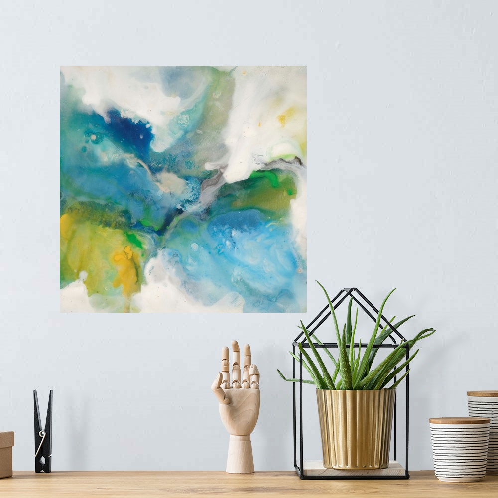 A bohemian room featuring Contemporary abstract painting of saturated blue and green tones in a swirling motion.